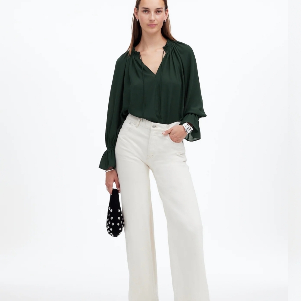 Madewell Womens XXS Dark Green Blouse Long Sleeve Smocked Neck Ruffle Cuffs NWTs